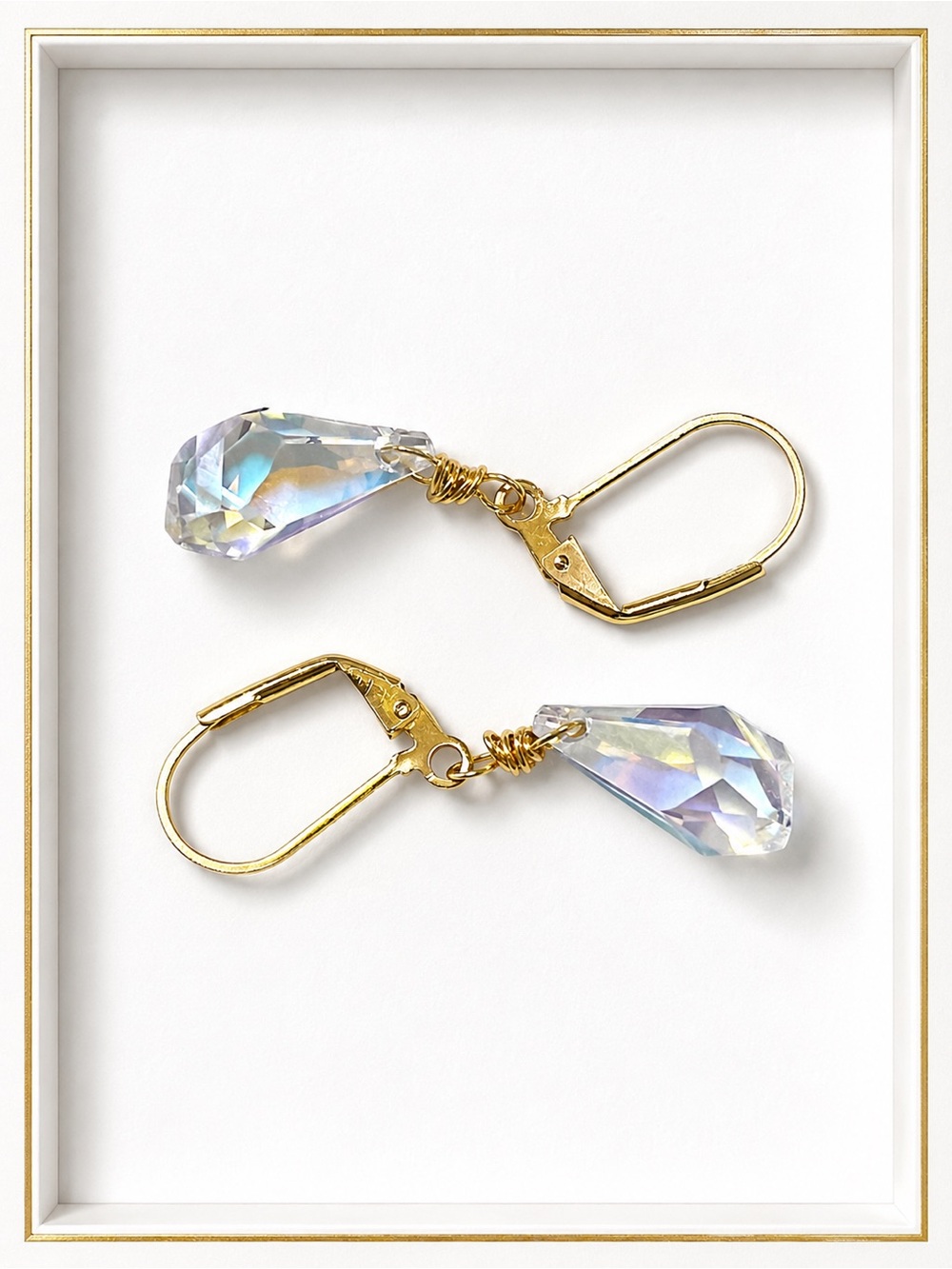 Handmade Swarovski AB Polygon Drop Earrings Gold Tone Leverbacks - Picture 4 of 5